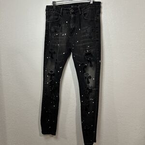 Waimea Skinny Fit Black Washed Paint Speckled Distressed Cross Patch Denim Jeans